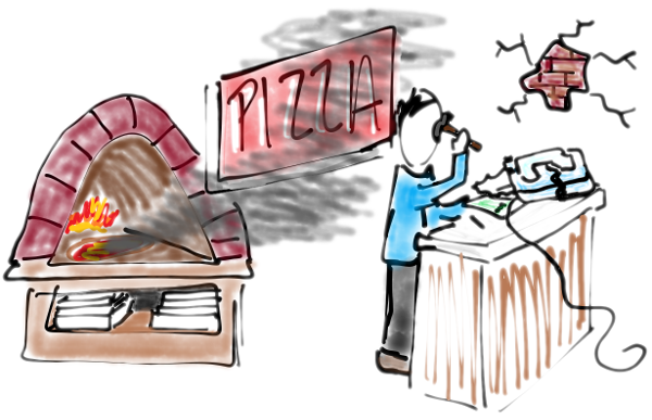 The poor chef is too busy making sure he can receive orders to take care of his pizza.